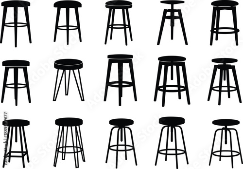 Bar stool silhouette set, black furniture icons, seating design variety, modern stool shapes, interior decor elements, cad drawing flat vector illustration