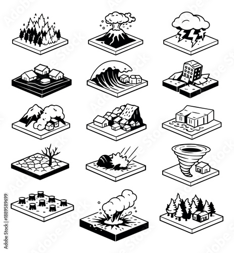 Hand drawn isometric line art set featuring natural disasters and environmental issues for educational content