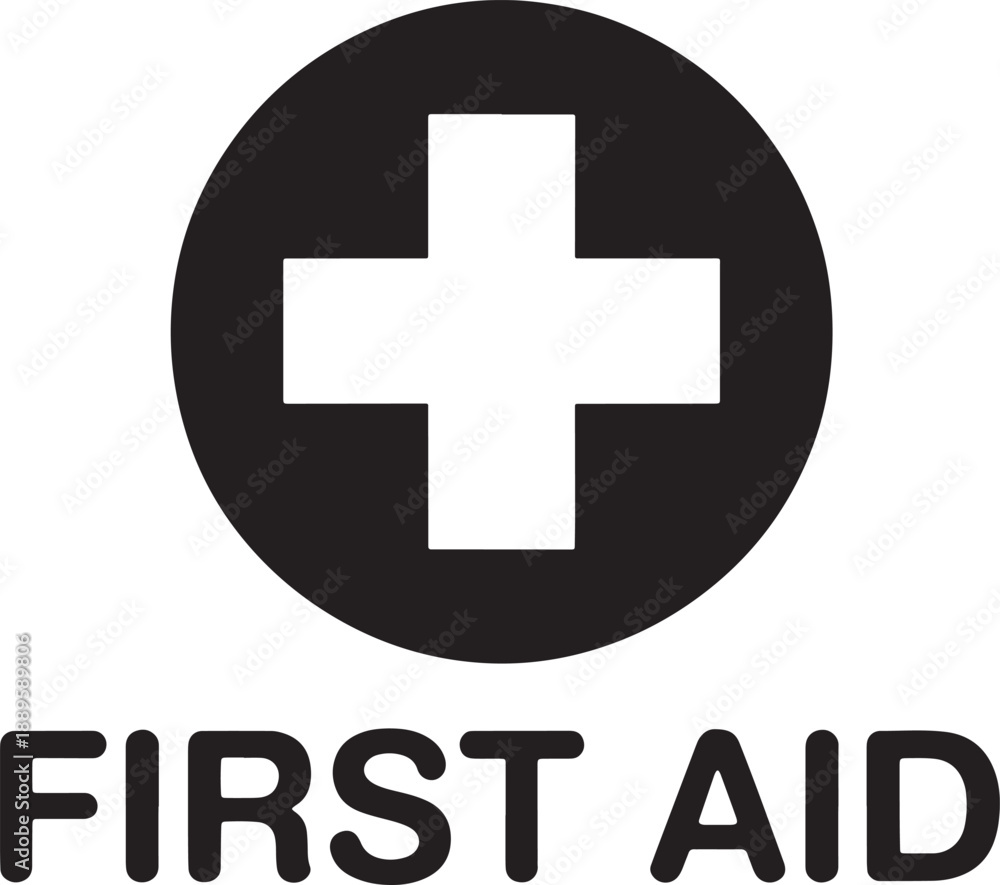 Obraz premium First aid symbol and text on white background medical symbol cross black