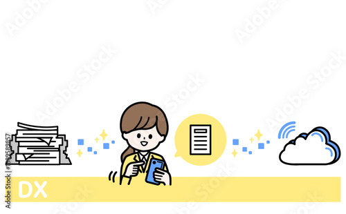 コピースペースのあるDXとペーパーレスのイラスト 業務効率化やクラウド移行を推進するビジネスコンセプト素材