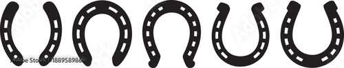 Five black horseshoe on white background horseshoes