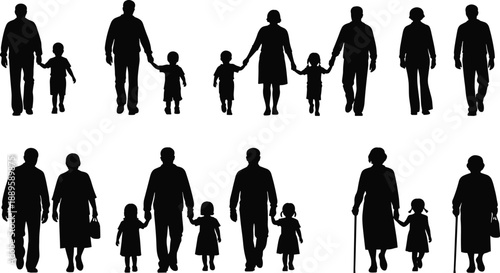 Family silhouettes walking together, parents children holding hands, generational people figures, daily life concept, black isolated design set, collection, illustration