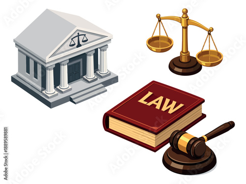 Isometric illustration law and justice set featuring a courthouse, scales of justice, law book, and gavel for legal services