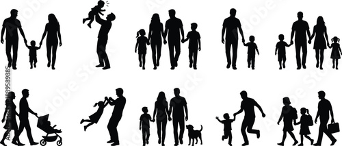 Family silhouettes set, parents children and pets walking playing together, everyday lifestyle scenes, black vector illustration collection isolated
