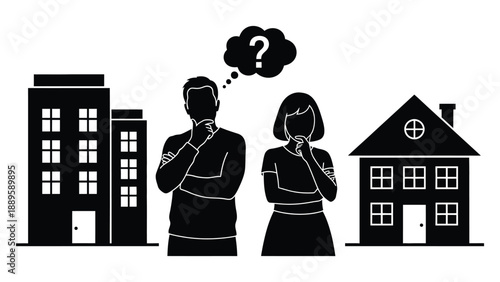 A couple deciding between a house and an apartment complex