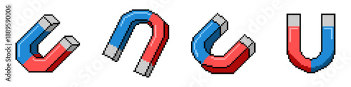 Set of pixel magnet icon vector for retro tech and attraction themes. 8-bit style physics tool ideal for game assets, science education, and force symbols.