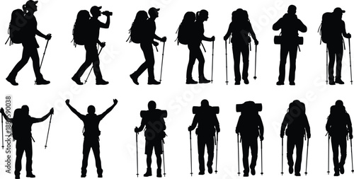 Hiking backpacker silhouettes collection, trekking people with poles, outdoor adventure travel, mountaineering exploration, camping lifestyle, black human vector set