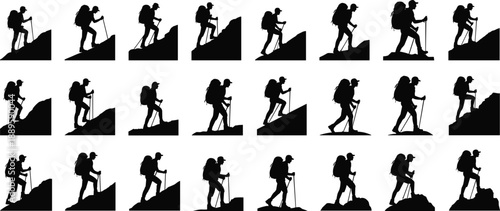 Hiking climber silhouette collection on mountain slopes, trekking adventure concept, outdoor exploration endurance success journey, backpacker walking uphill illustration