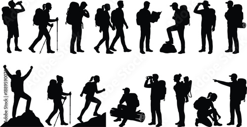 Hiking silhouettes collection, adventure backpackers trekking, mountain exploration, outdoor travel lifestyle, nature expedition, survival journey, explorers teamwork, camping freedom