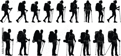 Hiking silhouettes, backpacker people walking, trekking poles use, outdoor adventure concept, mountaineering lifestyle, traveler figures, black silhouettes, isolated design