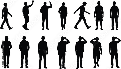 Male silhouettes collection, standing walking gesture poses, casual lifestyle actions, human body movements, black isolated figures, minimal design, people set