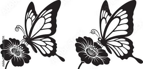 Elegant black vector illustrations of butterflies on blooming flowers, symbolizing nature, beauty, and transformation.