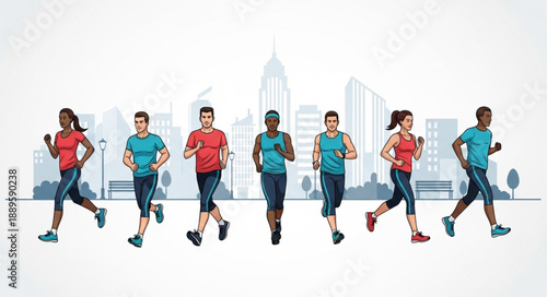 Diverse Group of People Running Together in a City Landscape.