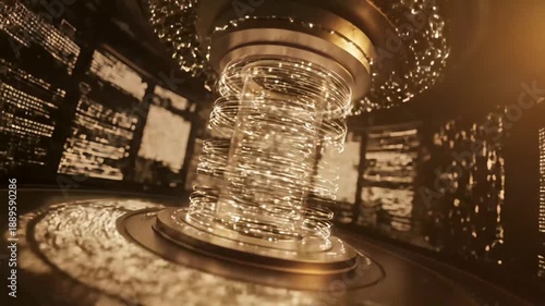 Futuristic Server Room Core Rotating with Golden Light and Digital Data Streams