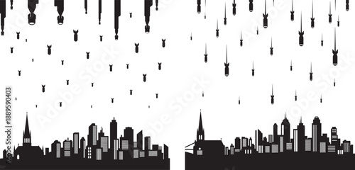 City skyline under a rain of bombs, black silhouette illustration symbolizing war, conflict, and destruction.