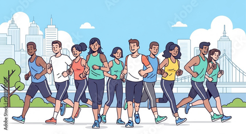 Diverse group of people running together in a city park.