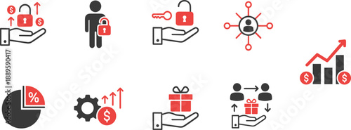 Hand drawn business security and finance outline icons set with protection, investment growth, gift rewards, and network safety symbols