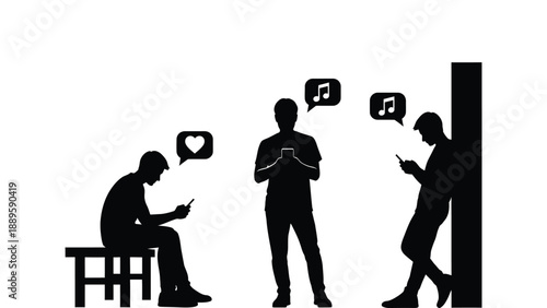 Three people in silhouette using their smartphones in different social media contexts