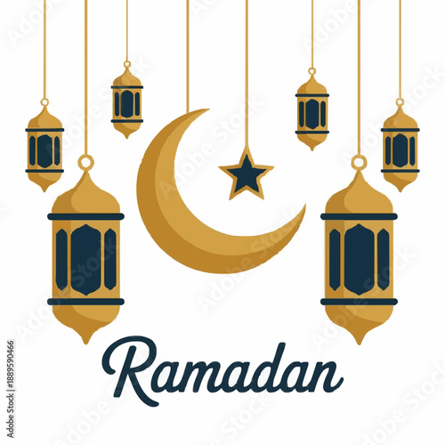 Ramadan festival celebration with elegant crescent moon, star, and hanging lanterns