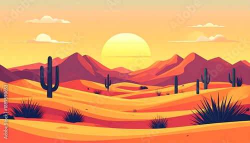 Vibrant desert landscape with cacti and mountains at sunset