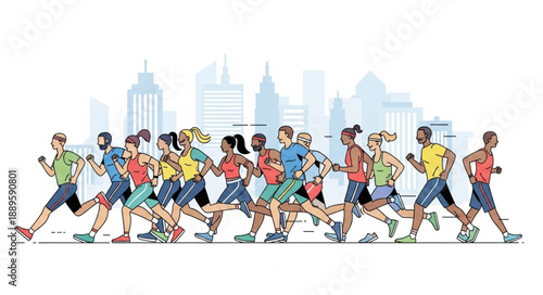 Diverse Group of Runners Competing in a City Marathon Event.