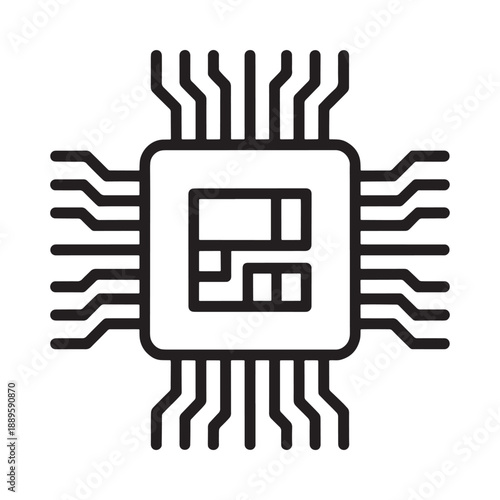 black and white icon of a computer microchip with lines and circuits