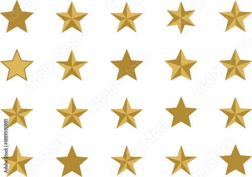 Four rows of gold stars with varying shading and dimensionality on a white background