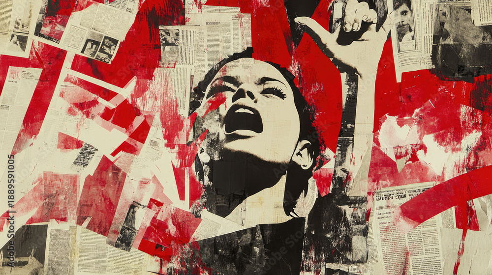 custom made wallpaper toronto digitalA woman's face amidst a collage of newspapers, expressing powerful emotions. The image features a bold use of red and black tones, conveying a sense of intensity and protest AI Generative