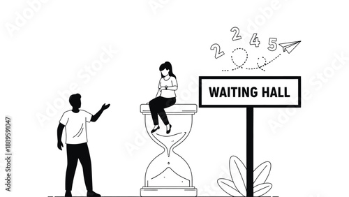 A cartoon illustration of a woman sitting on an hourglass in a waiting hall