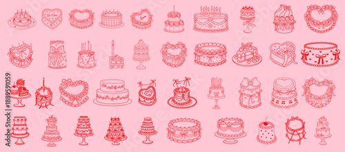 Valentine Cakes and Desserts Icon Set in Pink – Cute Birthday, Wedding and Love Cake Illustrations for February 14 Celebration