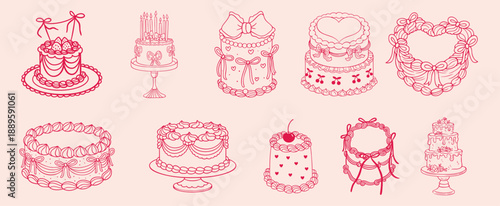 Pink Valentine Cakes Set with Decorative Desserts, Romantic Birthday and Wedding Cake Collection for February 14 Celebration