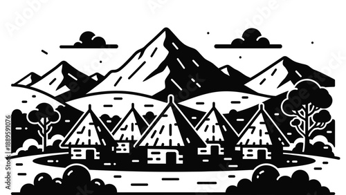 A black and white illustration of a village in the mountains