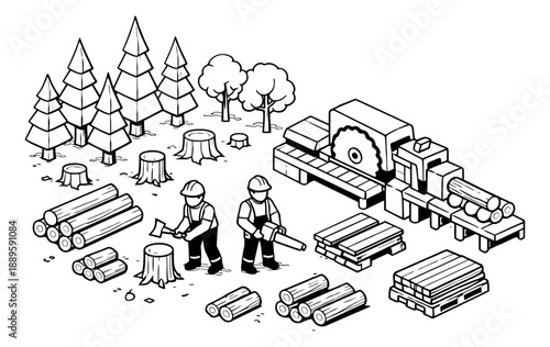 Hand drawn line art isometric logging industry elements set featuring trees, lumberjacks, logs, and sawmill machinery for timber production or construction projects