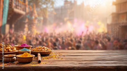 Brij Holi, Traditional Brij Holi sweets and colors on wooden table with festive street celebration background