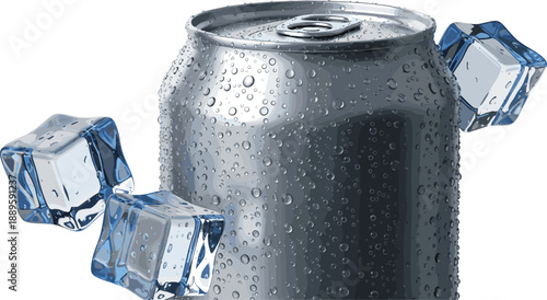 Cold aluminum soda can vector illustration with ice cubes and water droplets, refreshing beverage concept design for summer drinks, advertising, packaging, and product branding projects