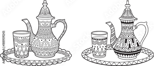 Traditional Arabic tea set with ornate teapot and patterned glasses