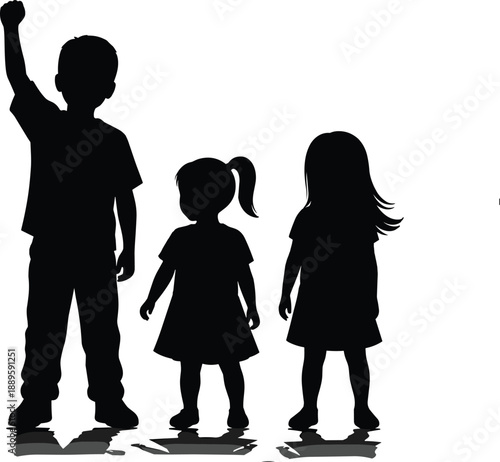 children silhouette, group of kids, unity concept, childhood friendship, empowerment symbol, youth togetherness, family bond, teamwork illustration, innocence art, solidarity design