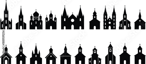 Church and cathedral silhouette icon set, religious building symbols collection for Christianity, faith, worship, architecture design projects vector, illustration, isolated