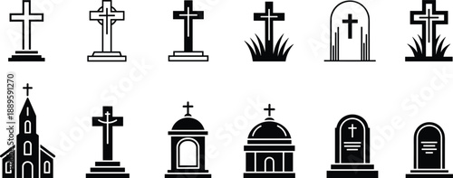PrintChristian cemetery icon set, crosses gravestones churches mausoleums, religious memorial symbols, black vector illustration collection for funeral remembrance design elements