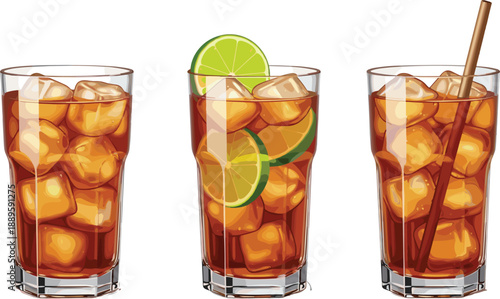 Iced tea glasses vector illustration set with ice cubes, lemon and lime slices, refreshing cold beverage design for summer drinks, cafe menus, and food branding projects