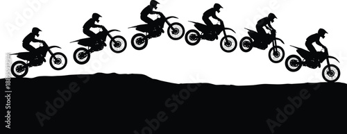 PrintDirt bike silhouettes, motorcycle jump, extreme sport, rider motion, stunt performance, outdoor adventure, black outline, vector design, minimal illustration, action concept