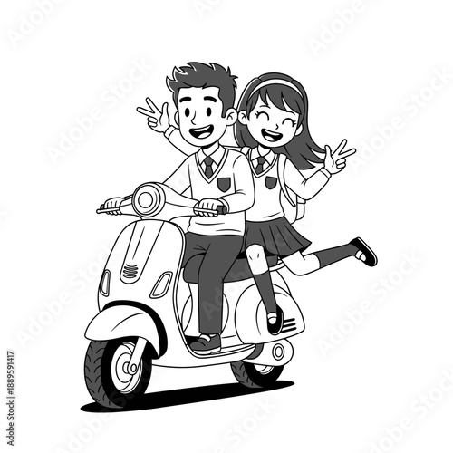 Cartoon illustration of a boy and girl happily riding a red scooter together for a fun travel ride
