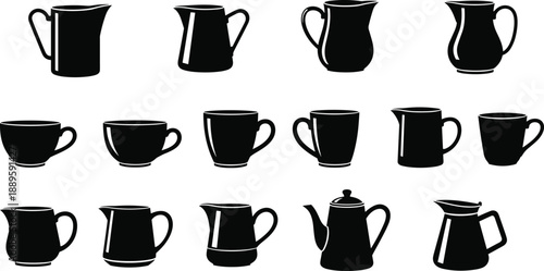 Printdrinkware silhouette, cups and mugs, teapot design, pitcher icon, kitchen vessel, beverage container, coffee cup, tea pot, modern design, classic style