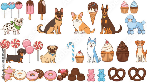 Cute cartoon dogs and sweets vector illustration set with puppies, cupcakes, donuts, candies, and desserts, colorful playful design for kids, stickers, and fun branding projects