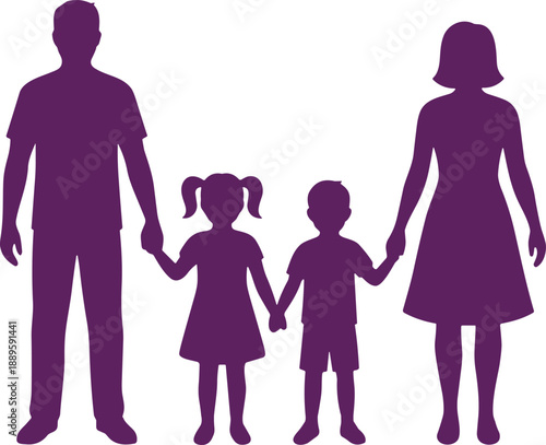 family silhouette, parents and children, purple design, unity symbol, love bond, childhood moment, caring parents, family connection, togetherness art, support illustration