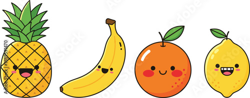 Cute cartoon fruit characters vector illustration set with pineapple, banana, orange, and lemon, smiling flat style design for kids, food branding, stickers, and playful projects