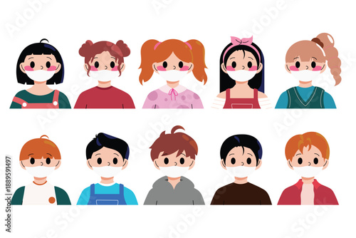 Group of children wearing medical mask to prevent disease, flu, air pollution, contaminated air, world pollution in flat style