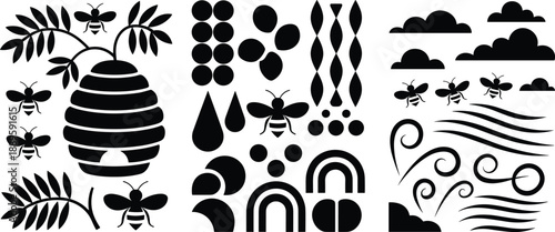 Set of three black and white illustrations featuring a beehive with flying bees, abstract geometric honey shapes, and nature landscape with swarming insects and clouds.