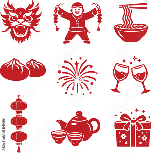 Chinese new year celebration icons featuring traditional symbols and festive elements
