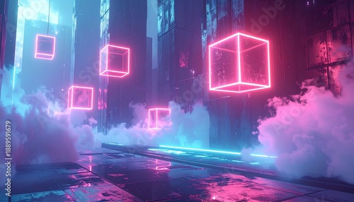 Surreal night city scene with mesmerizing floating neon cubes and vibrant smoke, casting a dreamy digital glow